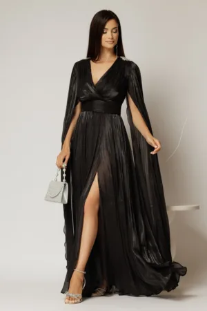 Rochie DY Fashion neagra de ocazie din voal peliculizat cu aplicatii pe umeri