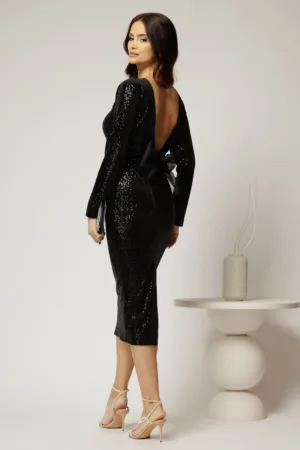 Rochie DY Fashion neagra din catifea cu paiete si funda maxi la spate
