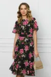 Rochie DY Fashion neagra din voal cu imprimeuri florale roz