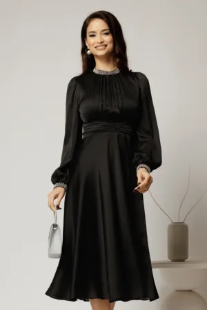 Rochie DY Fashion neagra din voal cu perle la guler si maneci