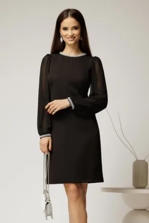 Rochie DY Fashion neagra eleganta cu maneci din voal si aplicatii la decolteu