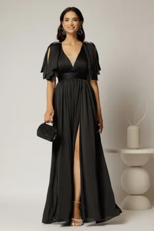 Rochie DY Fashion neagra lunga de seara cu decolteu adanc si funde ample