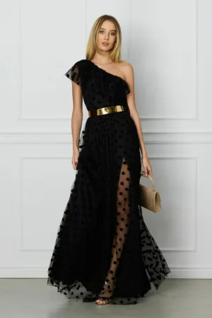 Rochie DY Fashion neagra lunga din tull cu buline catifelate si curea in talie