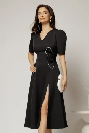 Rochie DY Fashion neagra midi cu detaliu floral pe talie si decolteu in V