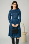 Rochie DY Fashion office din jerse bleumarin cu imprimeu turcoaz