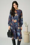 Rochie DY Fashion office din jerse bleumarin cu imprimeuri florale