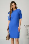 Rochie DY Fashion office din stofa albastra cu funde pe maneci
