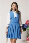 Rochie DY Fashion office din stofa bleu cu maneci din voal si funda pe bust