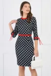 Rochie DY Fashion office din stofa neagra cu buline si banda decorativa in talie