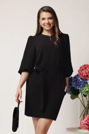 Rochie DY Fashion office din stofa neagra cu maneci bufante si cordon in talie