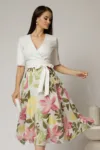 Rochie DY Fashion office din stofa si voal ivoar cu imprimeu pe fusta