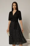 Rochie DY Fashion office din stofa si voal neagra cu buline pe fusta