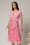 Rochie DY Fashion office din stofa si voal roz cu imprimeu pe fusta