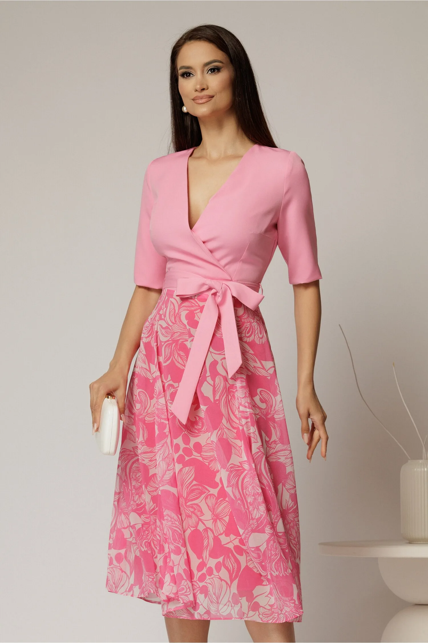 Rochie DY Fashion office din stofa si voal roz cu imprimeu pe fusta