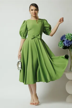 Rochie DY Fashion office din stofa verde fistic cu funda in talie