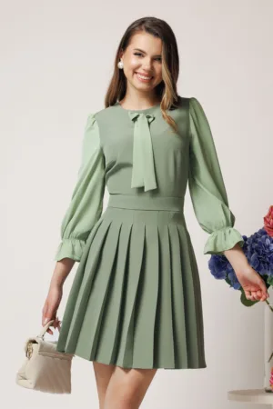 Rochie DY Fashion office din stofa verde fistic cu maneci din voal si funda pe bust