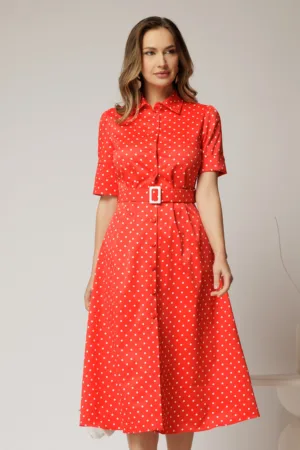 Rochie DY Fashion rosie cu buline tip camasa si curea in talie