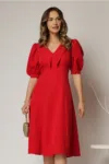 Rochie DY Fashion rosie in clini cu guler ascutit si maneci scurte bufante