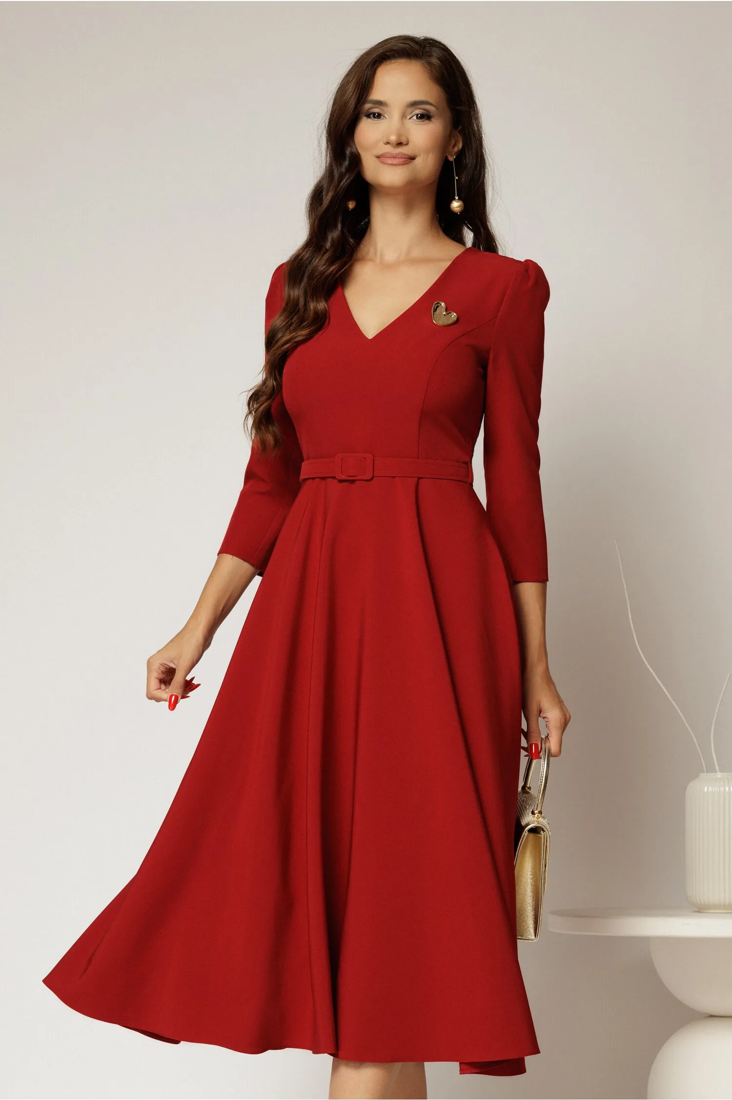 Rochie DY Fashion rosu inchis clos cu decolteu V si curea in talie