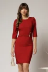 Rochie DY Fashion rosu inchis conica cu nasturi aurii pe talie
