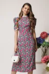 Rochie DY Fashion roz cu imprimeuri florale verzi si volanase la maneci si decolteu