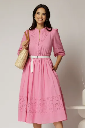 Rochie DY Fashion roz din bumbac cu insertii perforate si curea in talie
