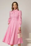Rochie DY Fashion roz din poplin cu guler dublu si curea in talie