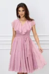 Rochie DY Fashion roz din voal cu buline si cordon in talie