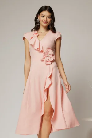 Rochie DY Fashion roz midi cu volanas pe fusta si detaliu amplu foral