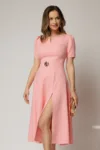 Rochie DY Fashion roz somon midi cu detaliu talie si decupaj la decolteu