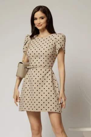 Rochie DY Fashion scurta bej cu buline si maneci tip lalea