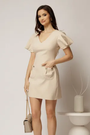 Rochie DY Fashion scurta bej cu croi drept si buzunare pe fusta