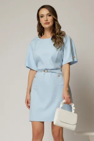 Rochie DY Fashion scurta bleu cu buzunare pe fusta si maneci scurte