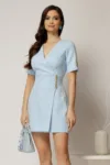 Rochie DY Fashion scurta bleu cu decolteu petrecut si nasturi pe maneci