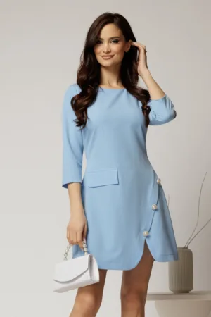 Rochie DY Fashion scurta bleu cu dungi si nasturi pe fusta