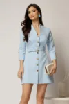 Rochie DY Fashion scurta bleu cu inchidere cu nasturi si curea in talie