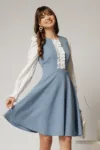 Rochie DY Fashion scurta bleu cu maneci lungi din poplin si volanase