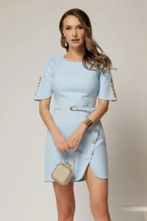 Rochie DY Fashion scurta bleu cu nasturi pe maneci si fusta