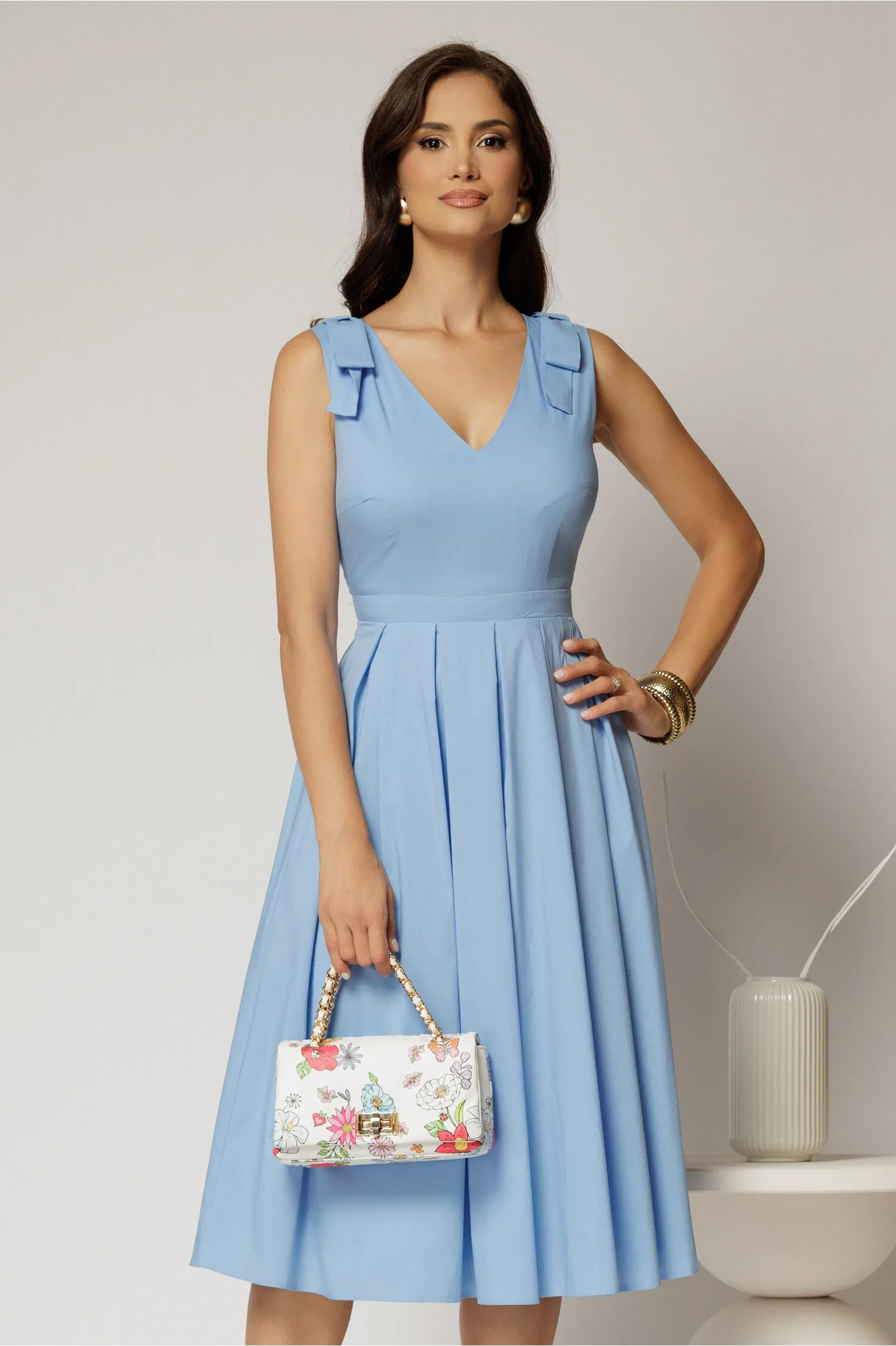 Rochie DY Fashion scurta bleu din poplin cu funde pe umeri