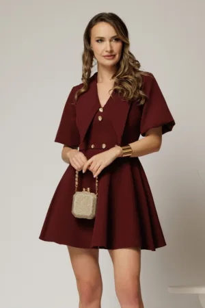 Rochie DY Fashion scurta bordo cu guler ascutit si nasturi