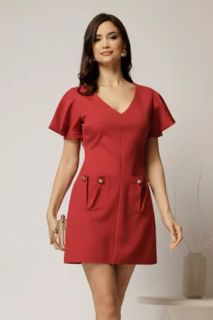 Rochie DY Fashion scurta caramizie cu croi drept si buzunare pe fusta