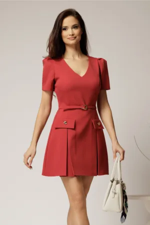 Rochie DY Fashion scurta caramizie cu pliuri si decolteu in V