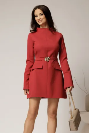 Rochie DY Fashion scurta caramizie din stofa cu clapete tip buzunare si curea in talie