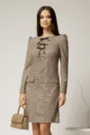 Rochie DY Fashion scurta din stofa carou negru maro cu funde pe bust