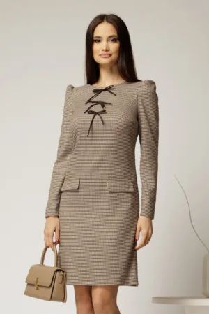 Rochie DY Fashion scurta din stofa carou negru maro cu funde pe bust