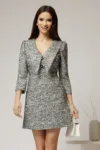 Rochie DY Fashion scurta din tweed alb negru cu gulerul ascutit si nasturi la bust