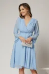 Rochie DY Fashion scurta din voal bleu cu decolteu petrecut si cordon in talie