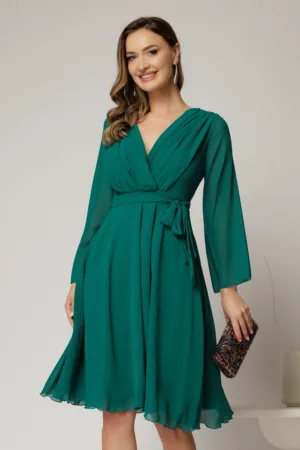 Rochie DY Fashion scurta din voal verde cu decolteu petrecut si cordon in talie