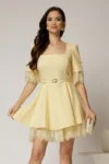 Rochie DY Fashion scurta galbena cu dantela la fusta si maneci