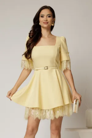 Rochie DY Fashion scurta galbena cu dantela la fusta si maneci